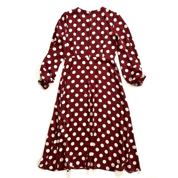 Zara Burgundy Rust Brown & White Polka Dot Smocked Blouson Sleeve Maxi Dress - Picture 6 of 8